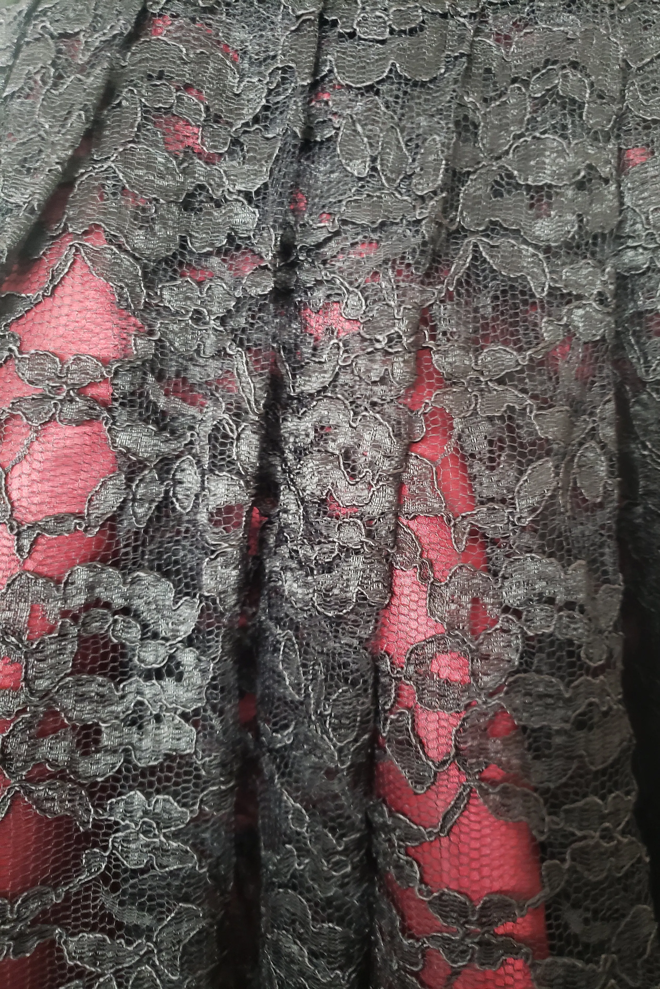 1990s Vintage Black and Oxblood Lace Flamenco Cocktail Dress, Laundry by Shelli Segal, Small to Medium