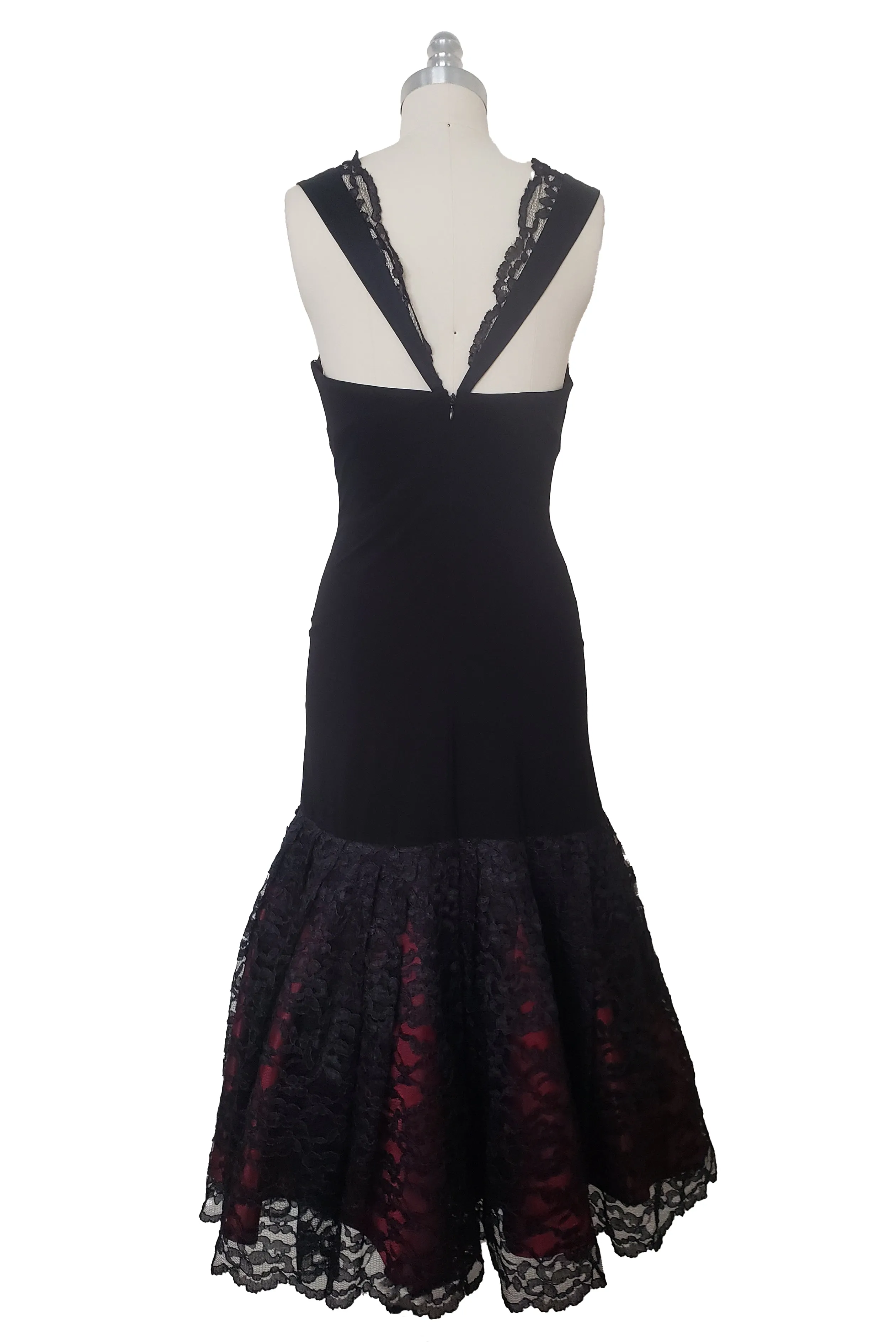 1990s Vintage Black and Oxblood Lace Flamenco Cocktail Dress, Laundry by Shelli Segal, Small to Medium