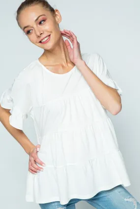 IVORY RUFFLED SHORT SLEEVES TUNIC TOP MRMTP8388