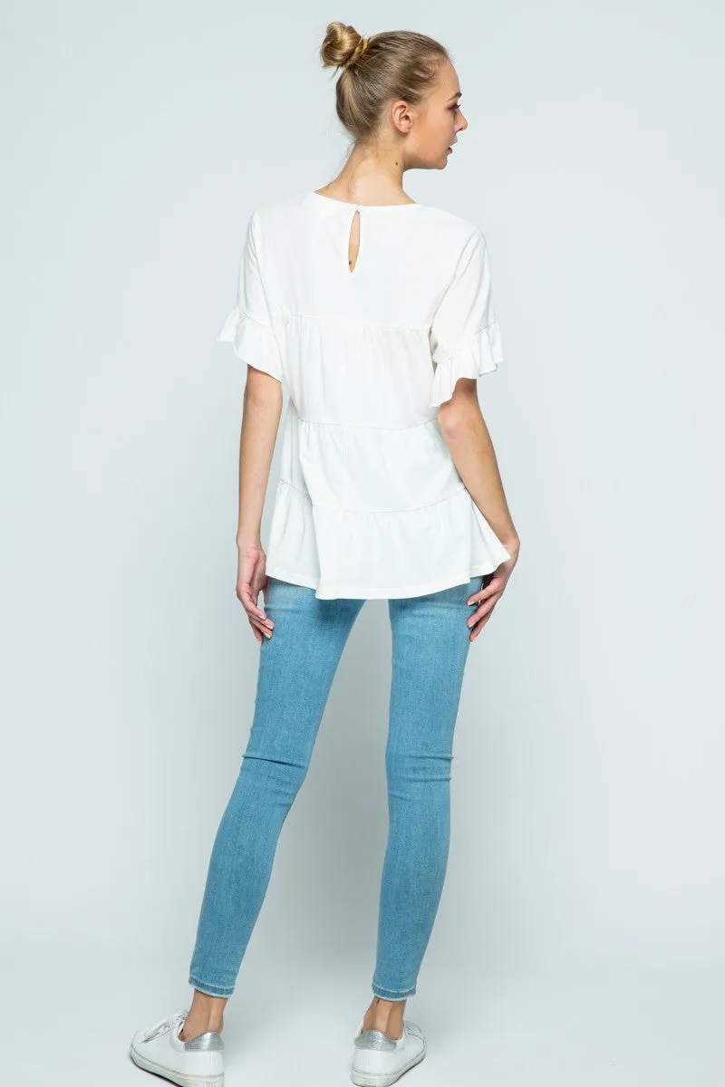 IVORY RUFFLED SHORT SLEEVES TUNIC TOP MRMTP8388