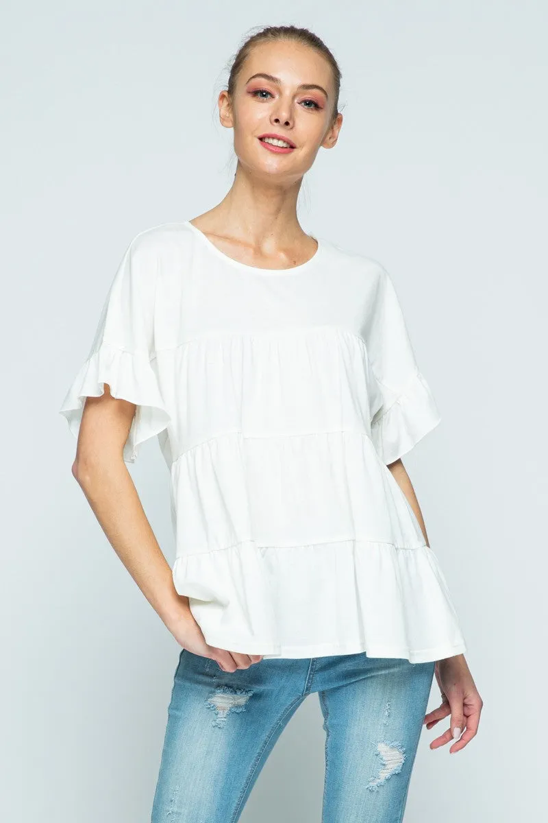 IVORY RUFFLED SHORT SLEEVES TUNIC TOP MRMTP8388