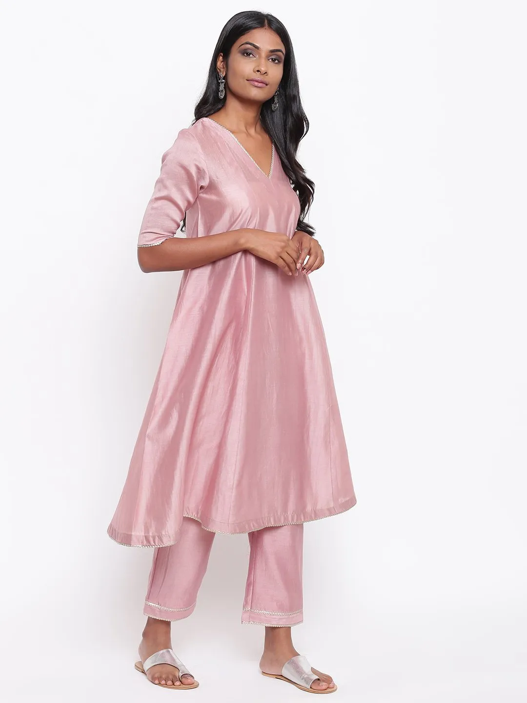 Pink Gota Flared Kurta Set