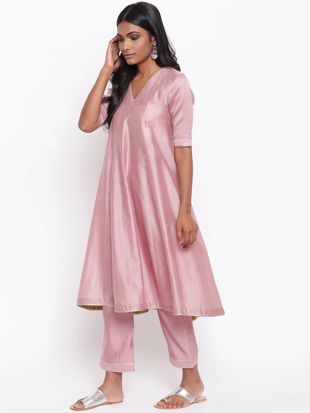 Pink Gota Flared Kurta Set