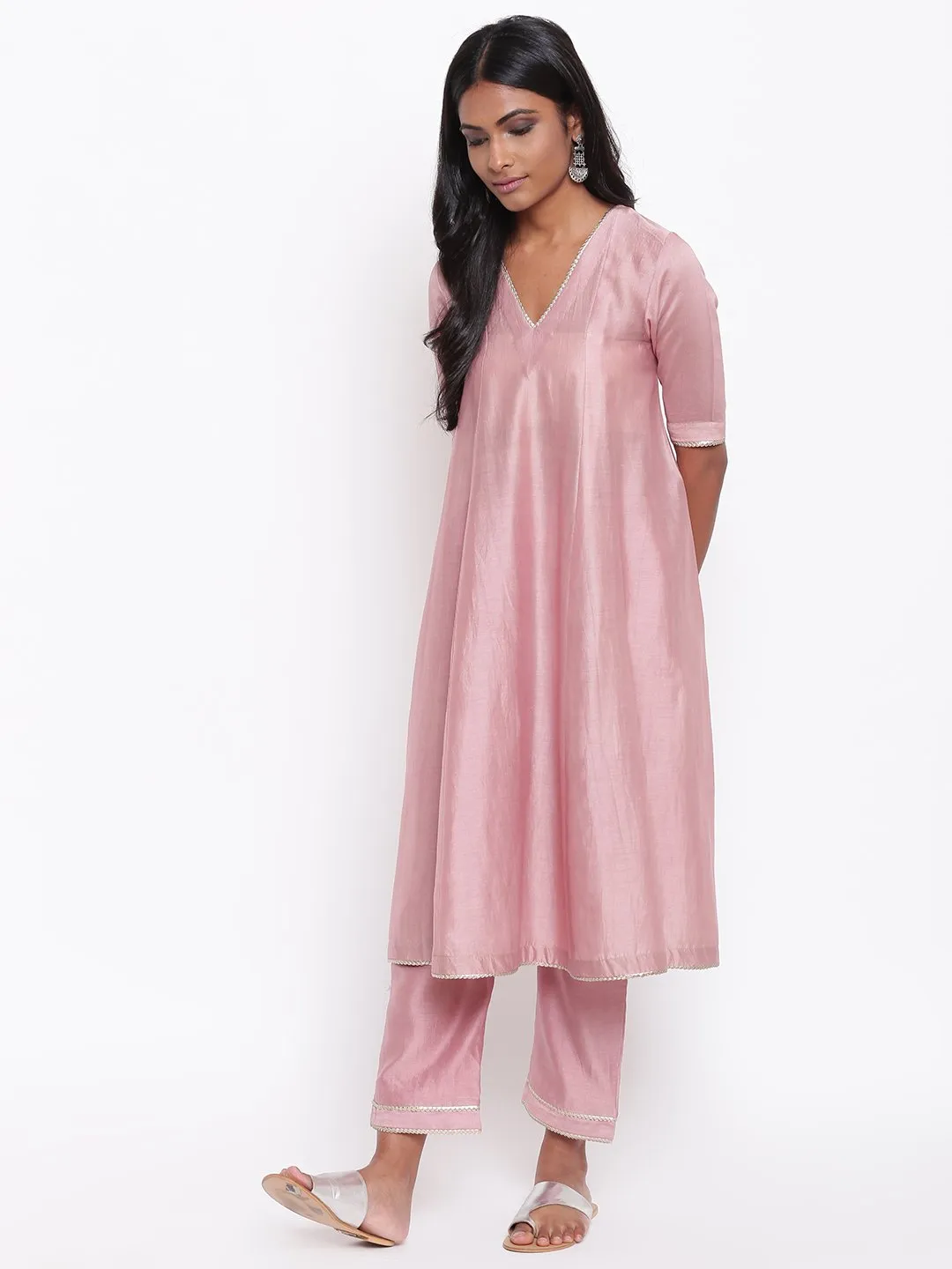 Pink Gota Flared Kurta Set