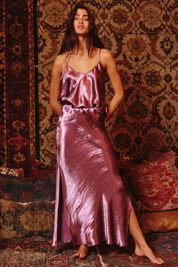 Silky Bias Cut Side Slit Solid Midi Skirt