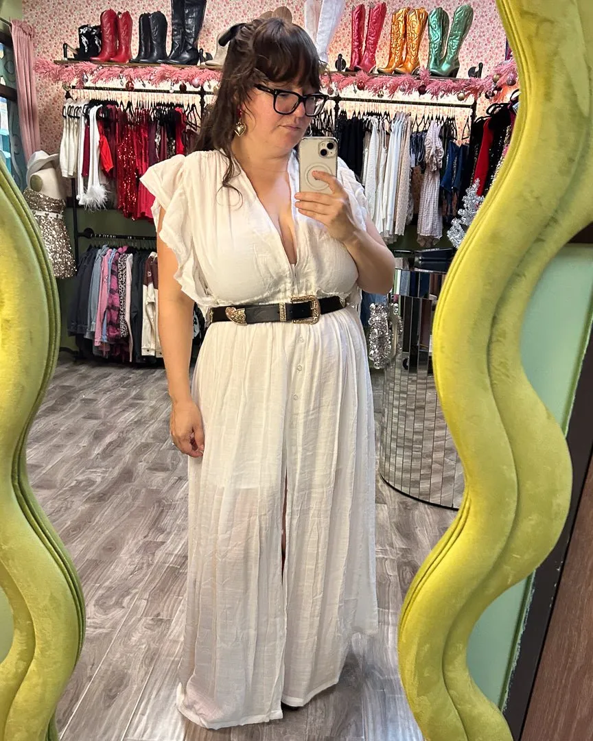 White Flutter Sleeve Gauze Maxi Dress