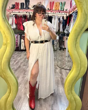 White Flutter Sleeve Gauze Maxi Dress